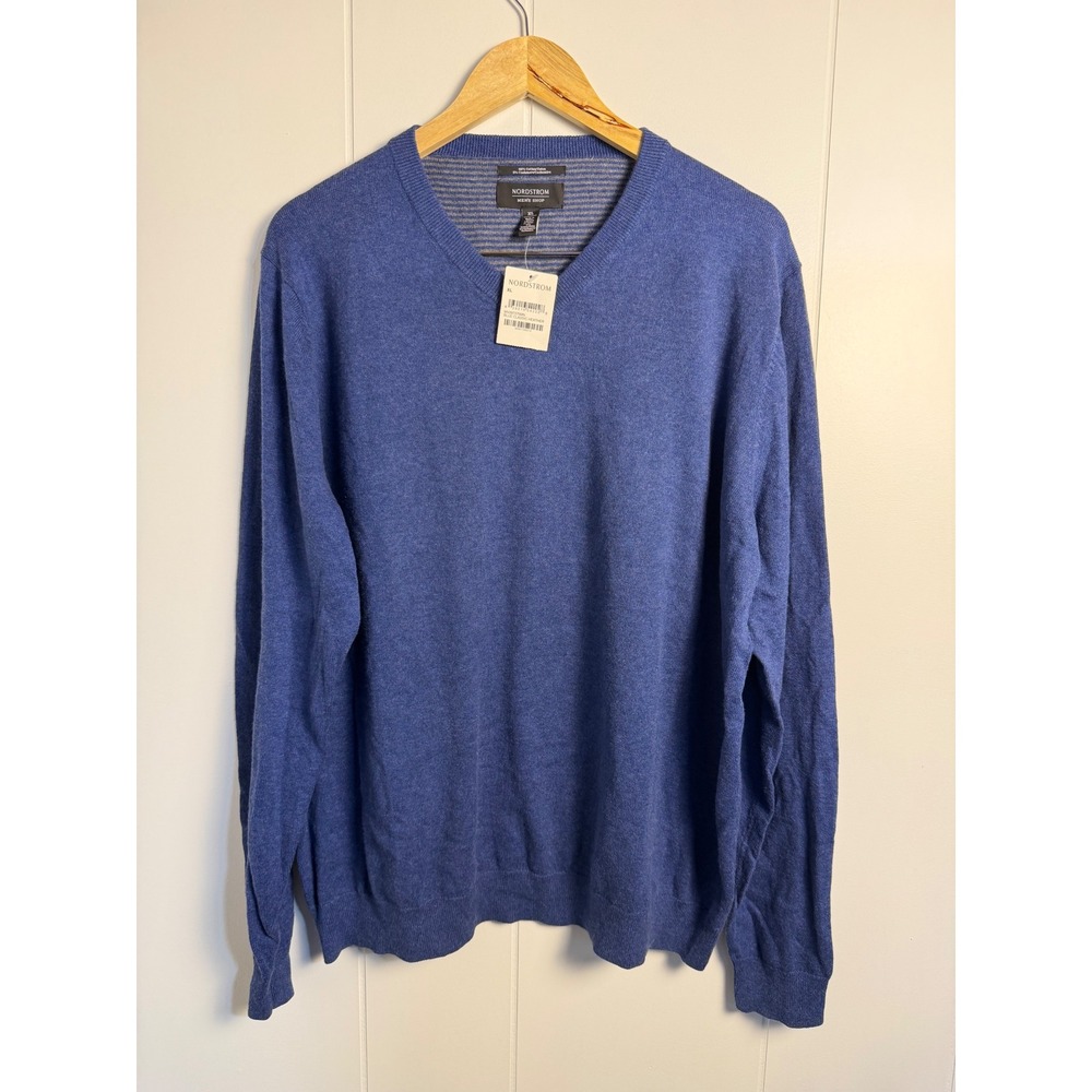 Nordstrom Men's Shop Sweater XL Blue Classic Heather Cotton Cashmere V-Neck